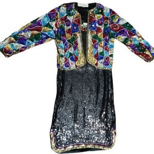 Vintage Judith Ann Creations Sequins & Silk Rainbow Jacket & Dress